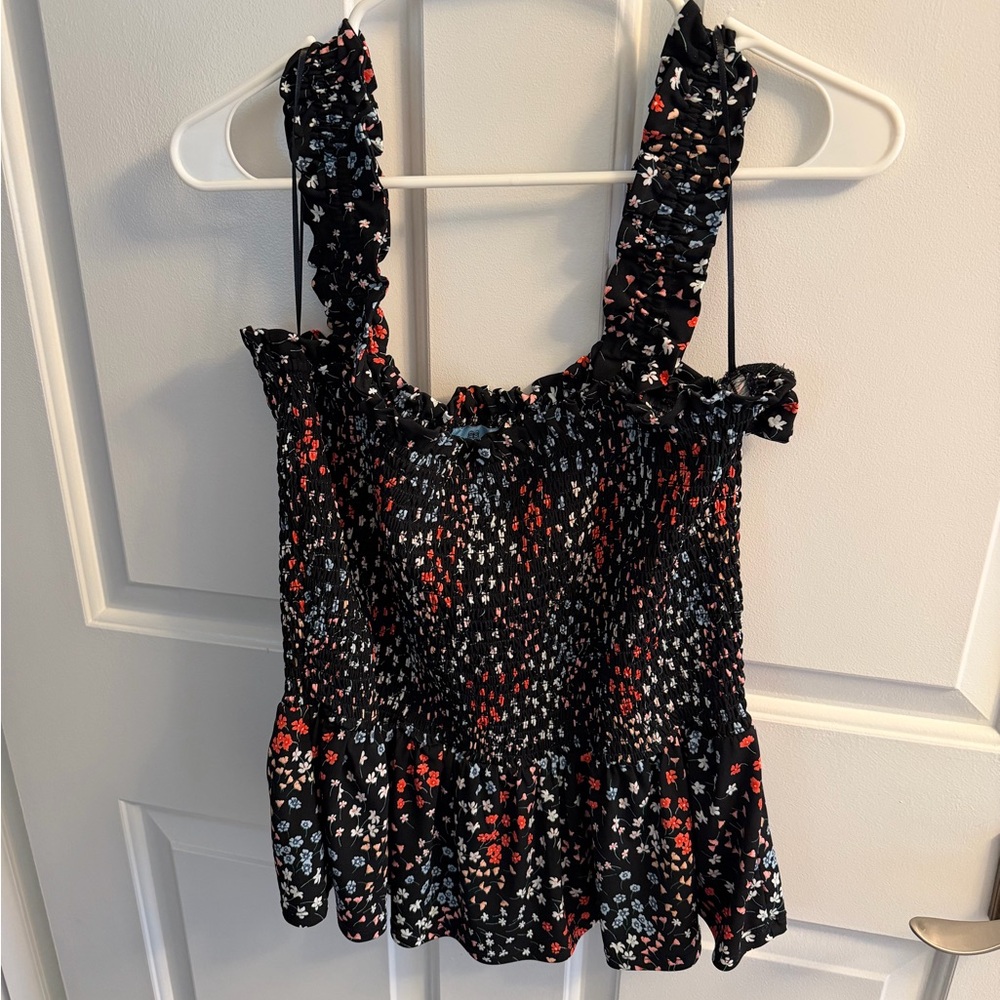 CeCe Smocked Floral Ruffle Tank Top - Black with Red & White Floral